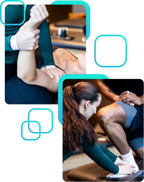 Physical therapist providing hands-on treatment, assisting a patient with shoulder mobility in one image and ankle therapy in another.