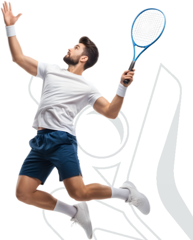 Male athlete jumping to serve a tennis ball, demonstrating dynamic shoulder and core movement used in sports performance.