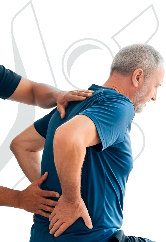 Older man receiving hands-on physiotherapy for lower back pain, guided through gentle movement by a clinician.