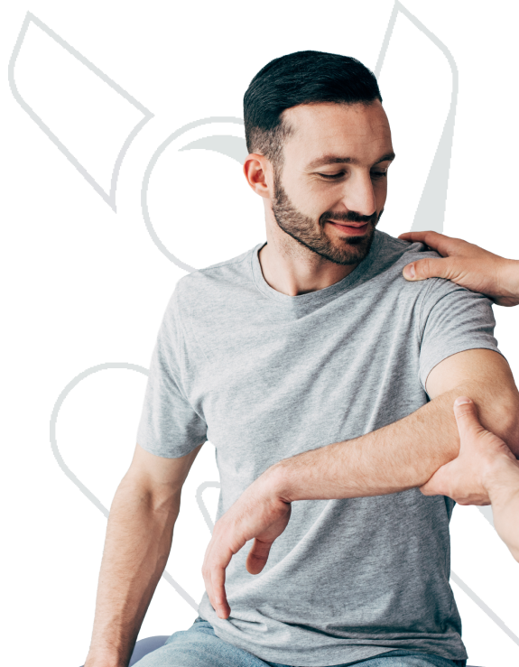 Physical therapist guiding a man through a shoulder and arm mobility exercise during a treatment session.